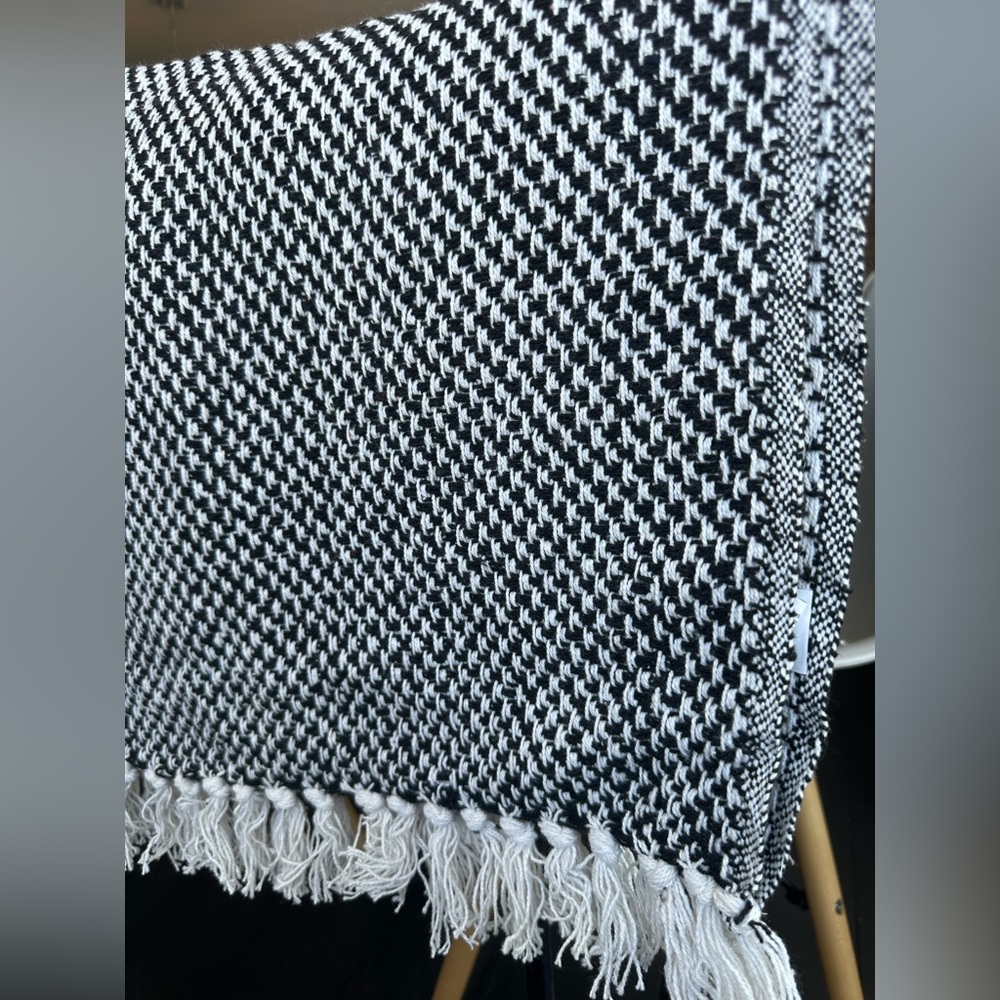 Black and White Woven Throw Blanket with Fringe